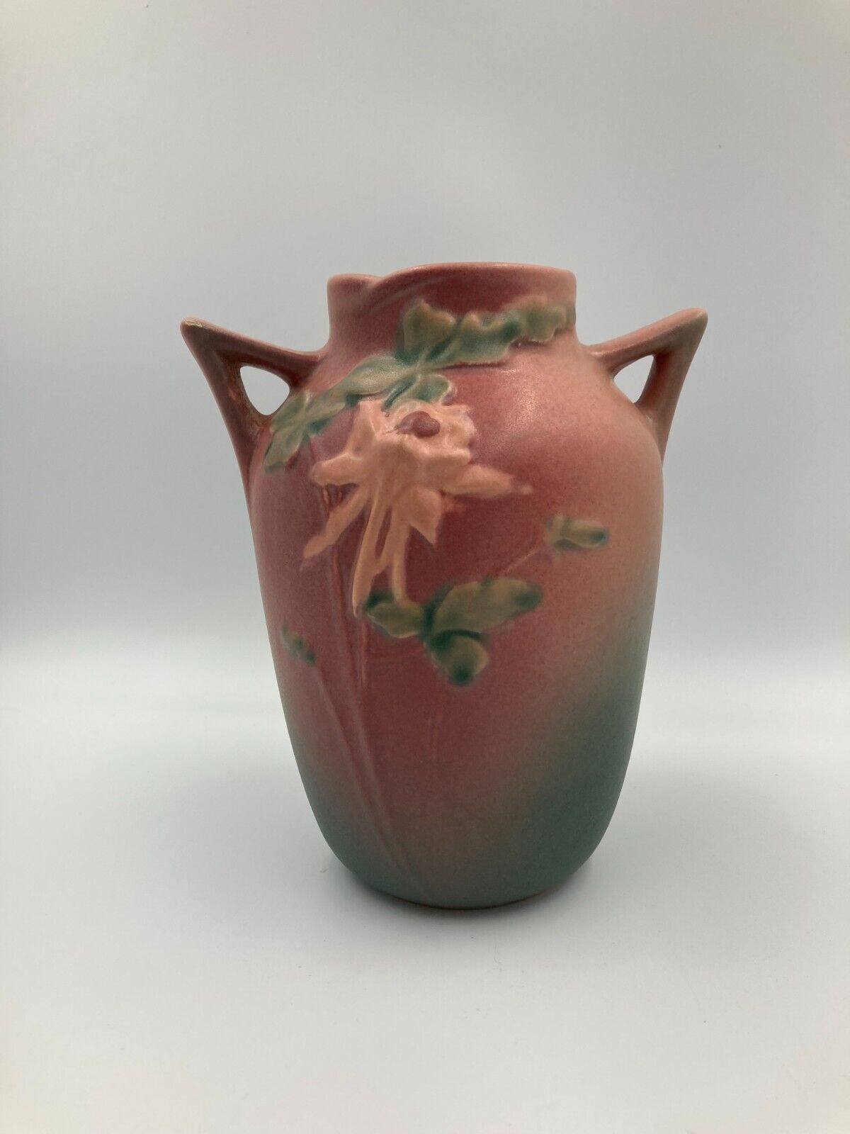 roseville columbine vase - 14-6 in pink/green w/pink flowers - CLEAN & 