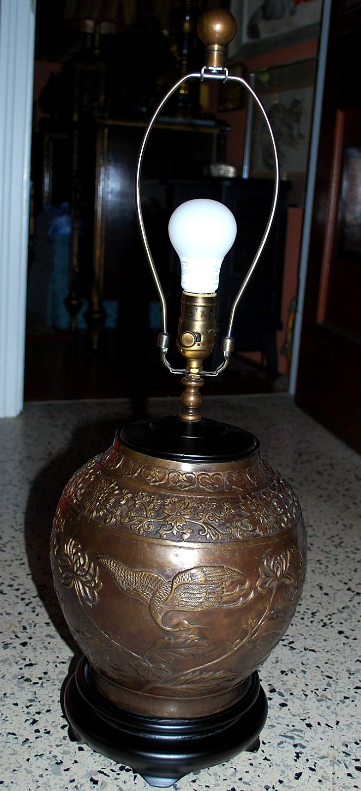 Vtg Table Lamp JAPANESE CAST BRONZE GINGER JAR URN Exquisite Crane Birds/Flower