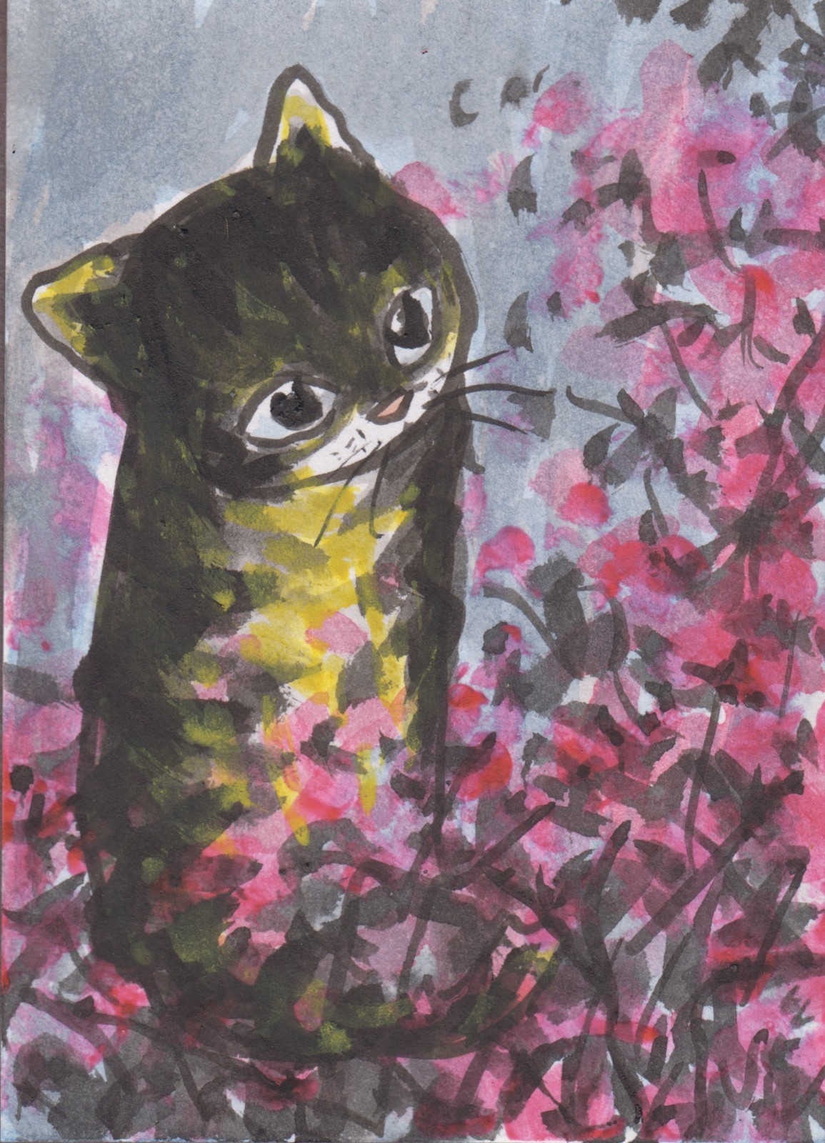 LinLi888 Lin Li\'s Art ACEO Original Mixed Media Painting Cat n Flowers 26091602