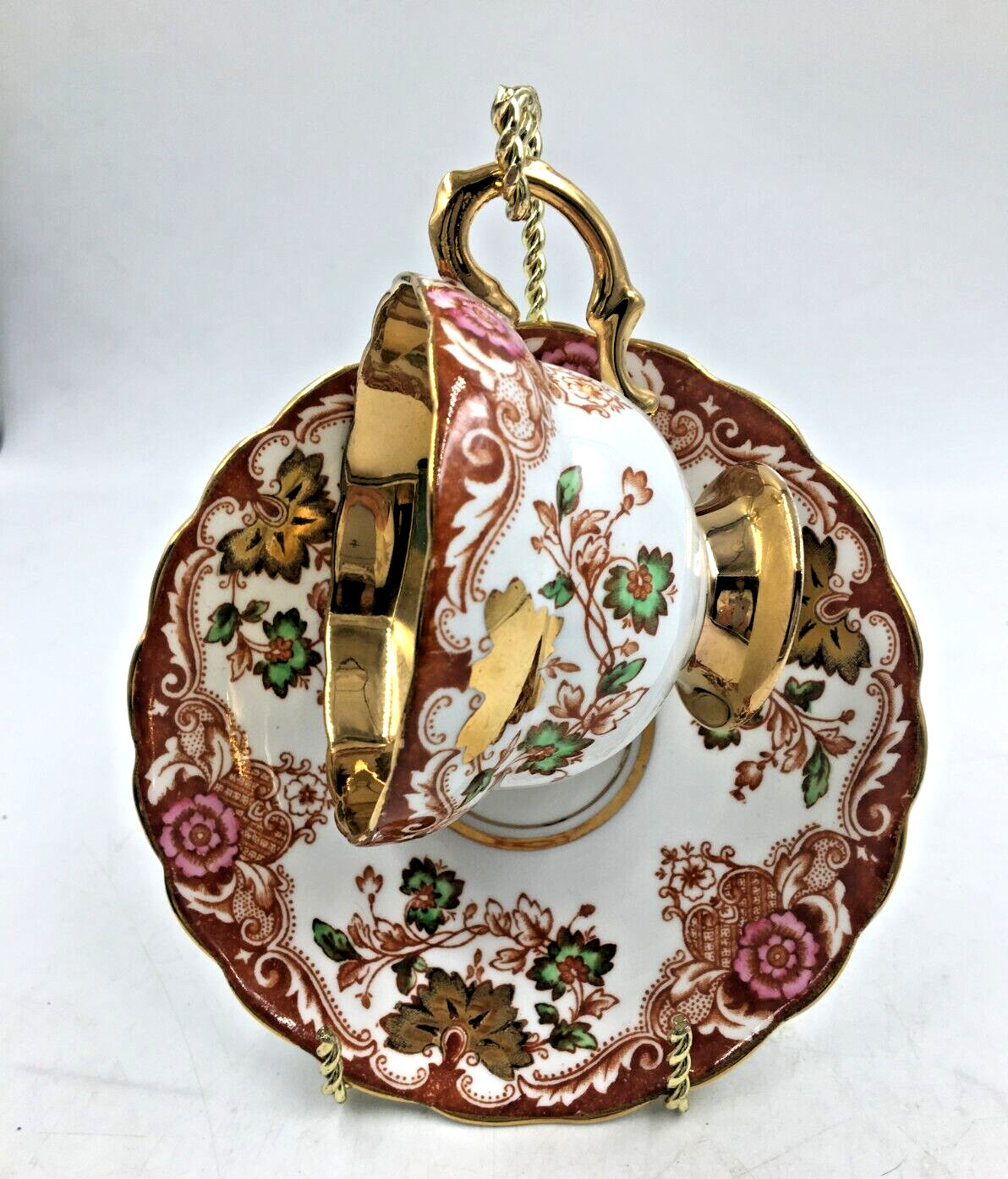 Vintage ROSINA Bone China Teacup & Saucer Floral Burgandy Gold Band Footed ~ UK