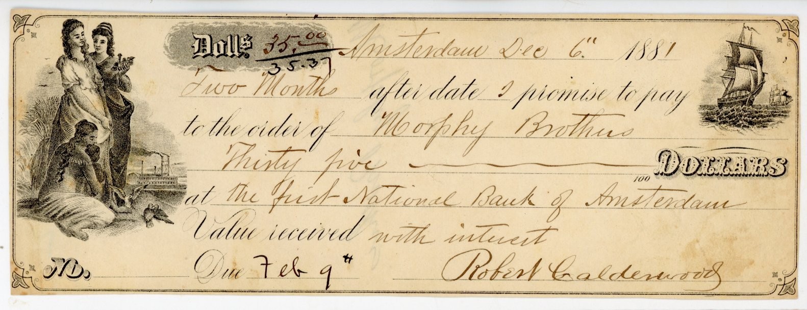 1881 Promissory Note Amsterdam NY First National Bank Murphy Brothers Calderwood