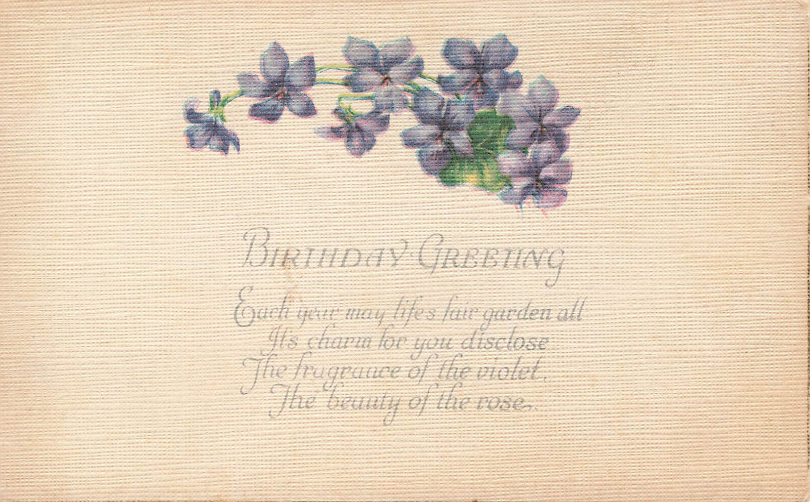 ANTIQUE HAPPY BIRTHDAY GREETING POSTCARD VIOLET FLOWERS & POEM 1930s