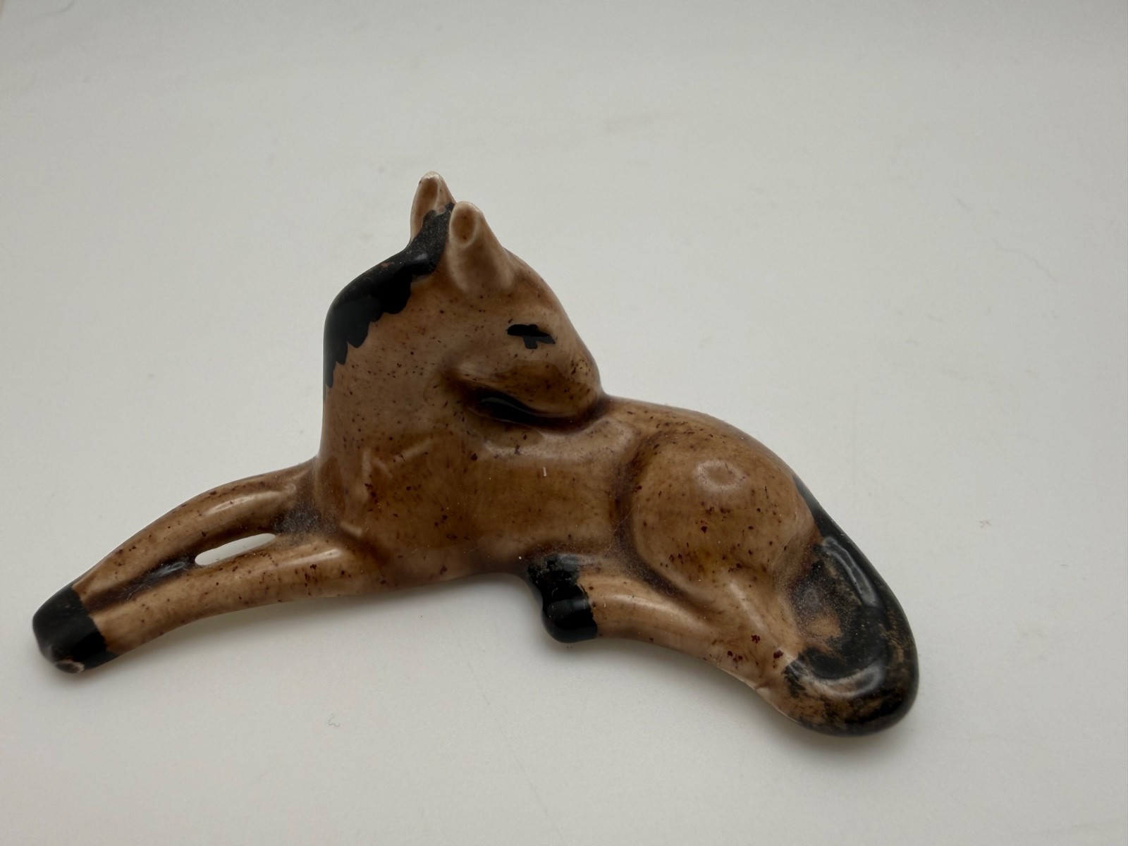 Vintage THALER Ceramic Horse Foal Figurine Lying Grooming Brown Black 2.5”
