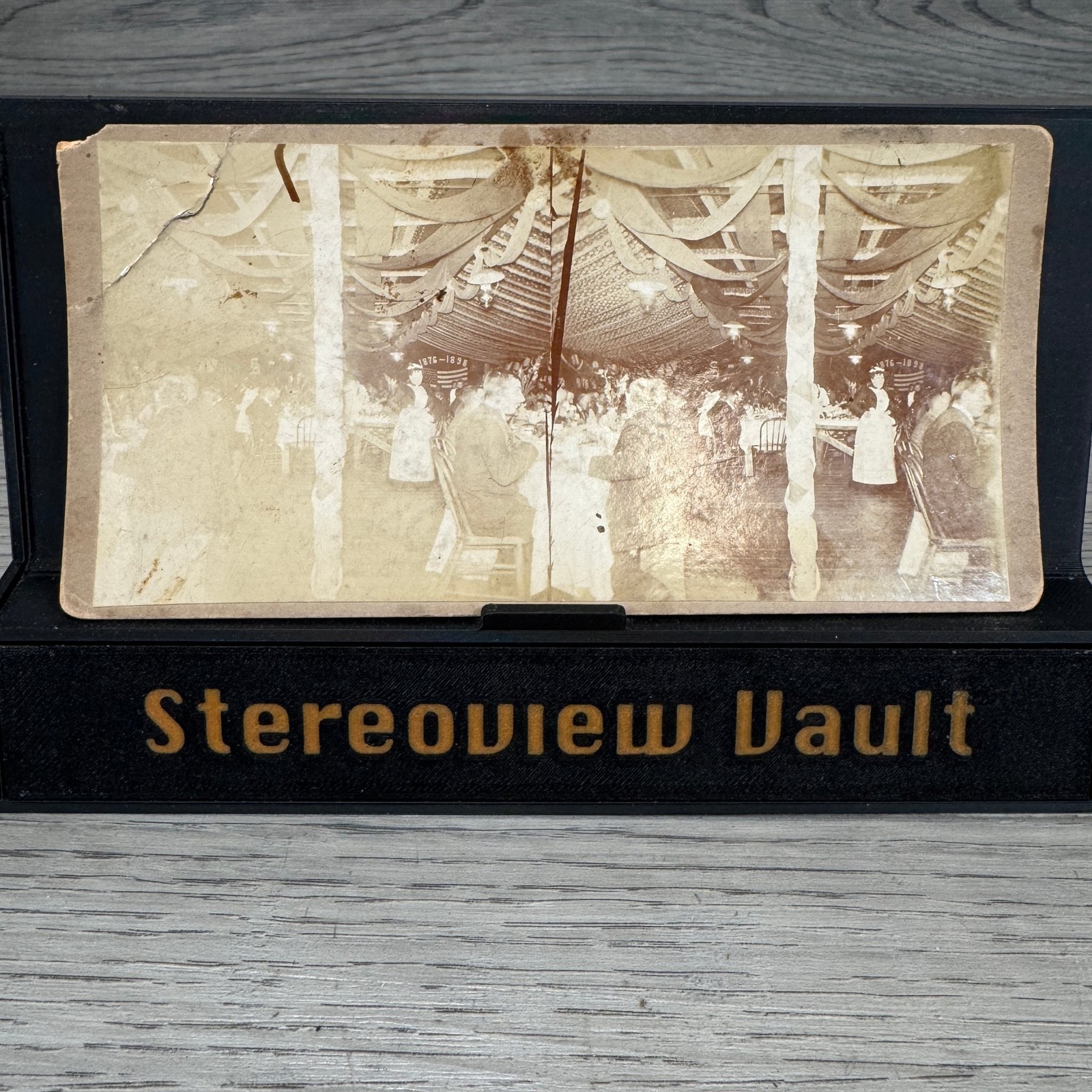 Banquet Hall Interior Waiters Diners Streamers Stereoview c.1890s Long Tables
