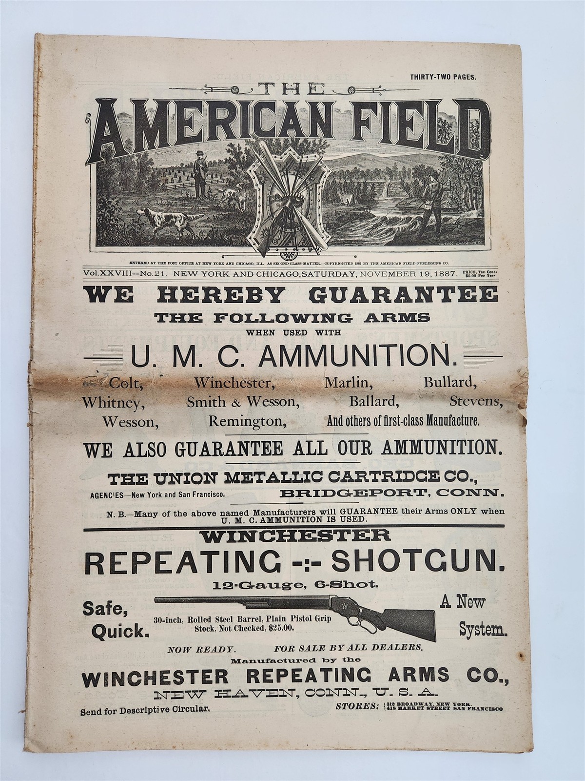 1887 antique AMERICAN FIELD SPORTSMAN\'S JOURNAL w WINCHESTER COLT + GUN ADS