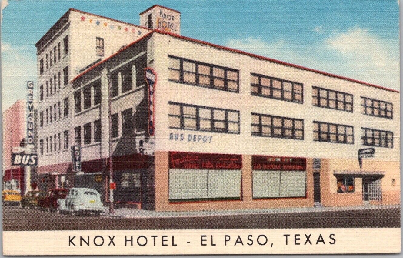 c1950s EL PASO, Texas Postcard KNOX HOTEL Street View / W.W. Wilcox Linen Unused