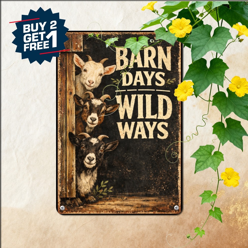 Four Farmhouse Goats Rustic Scene Sign Country Barnyard Metal Tin Plaque 8x12