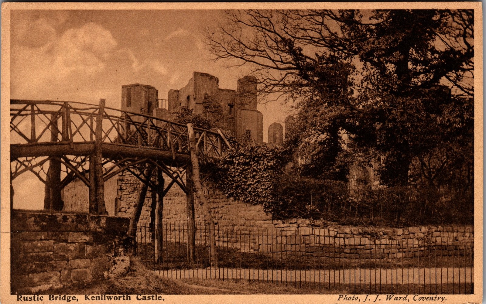 c1905 Rustic Bridge Kenilworth Castle Ruins Warwickshire UK Postcard