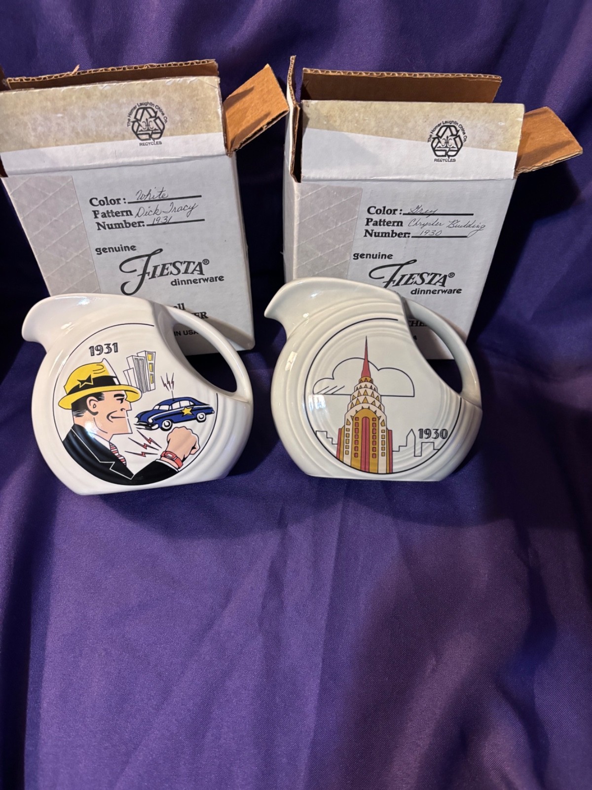 NIB Vintage Fiesta ware Dick Tracy and Chrysler Building juice pitchers HLCCA