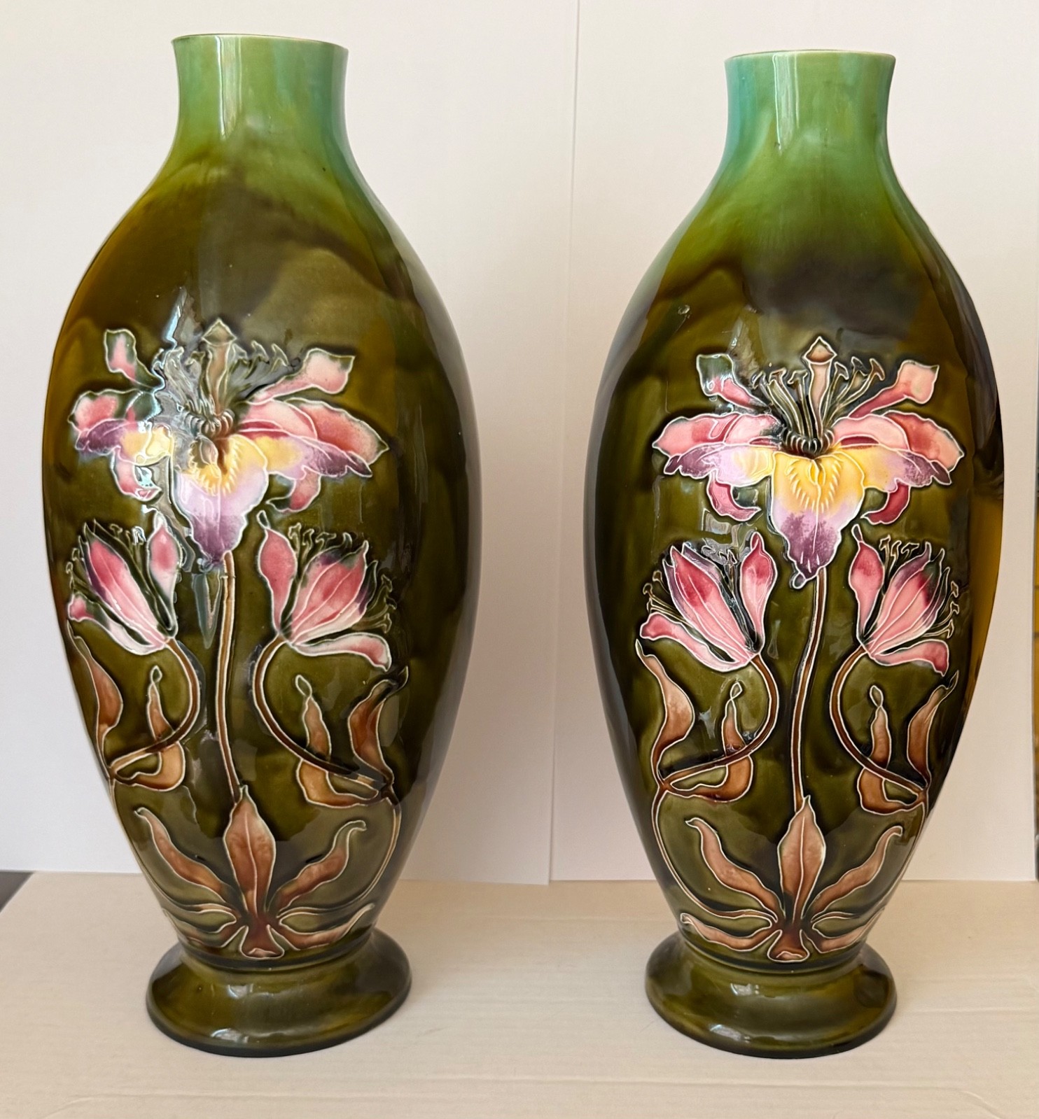 Antique Art Nouveau Amphora Bohemia Pottery Vases Austria Woman Floral Ceramic