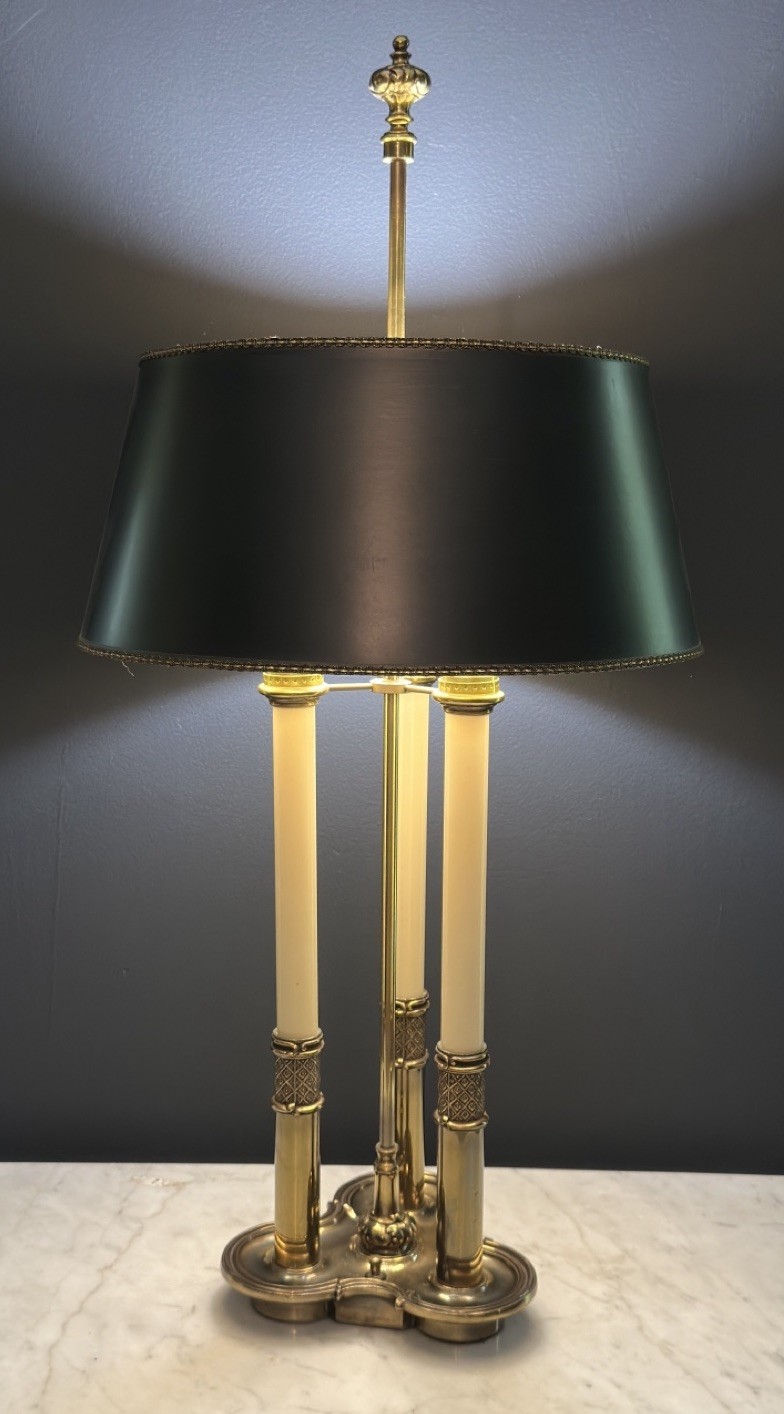 Stiffel French 3-Light Candle Bouillotte 30” Brass Trefoil Base Lamp w/ Shade