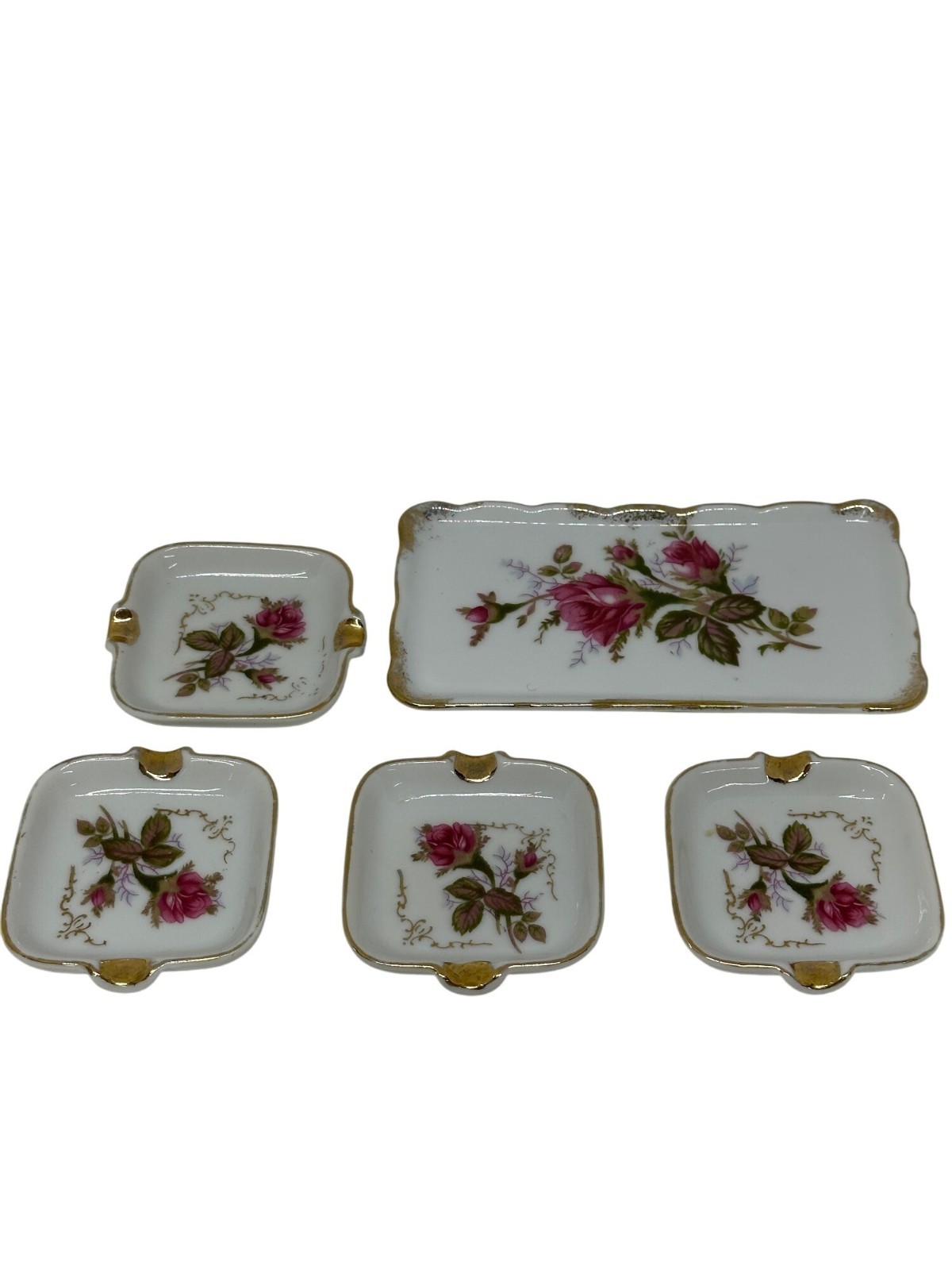 VTG Royal Sealy Japan Porcelain Dresser Vanity Set 5 Pc Hand Painted Pink Roses