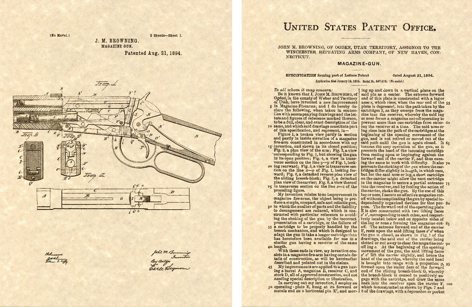 WINCHESTER 1894 LEVER ACTION RIFLE PATENT Art Print READY TO FRAME Browning Gun