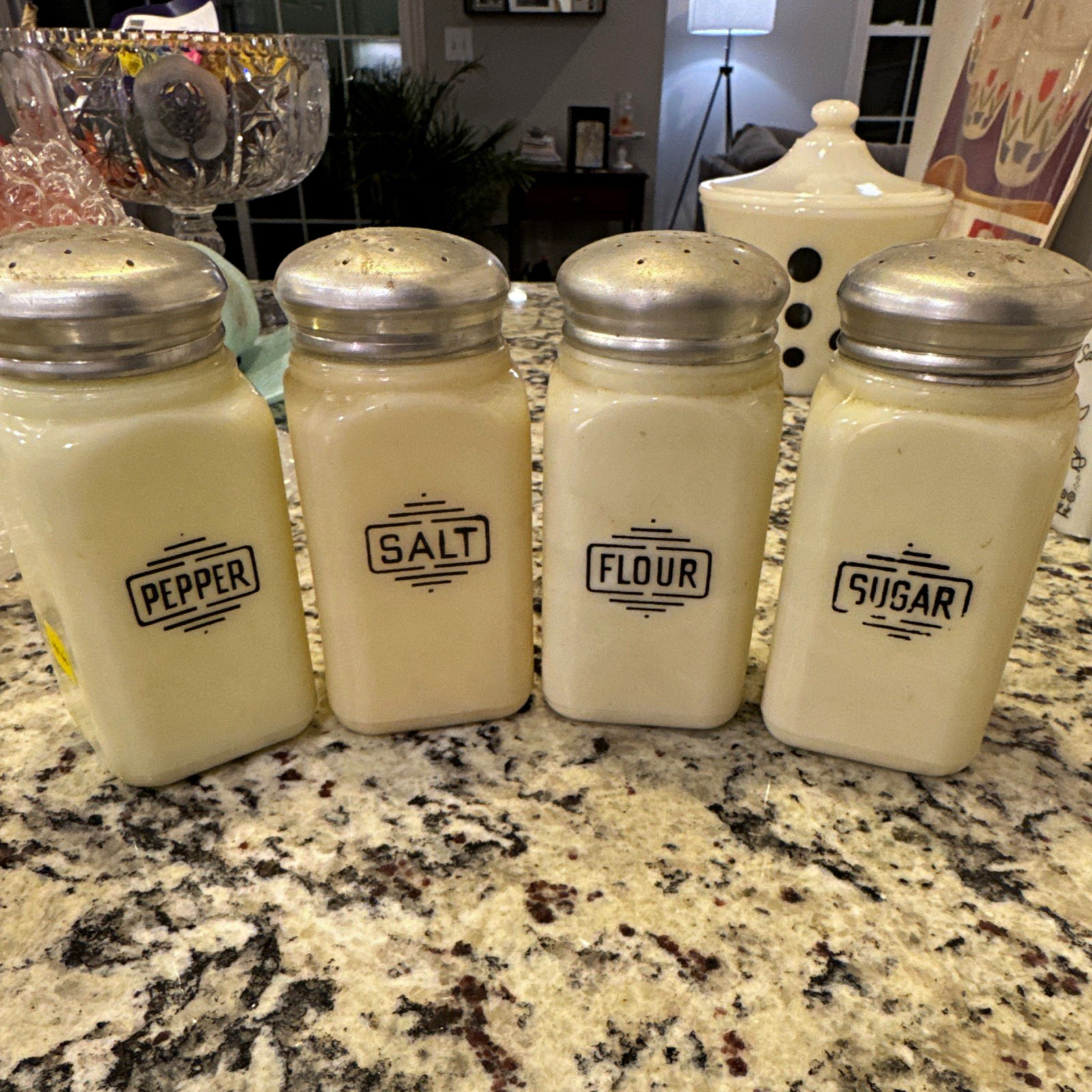 Vintage White Glass Flour Sugar Salt & Pepper Shaker Set of 4 w/ Metal Lids