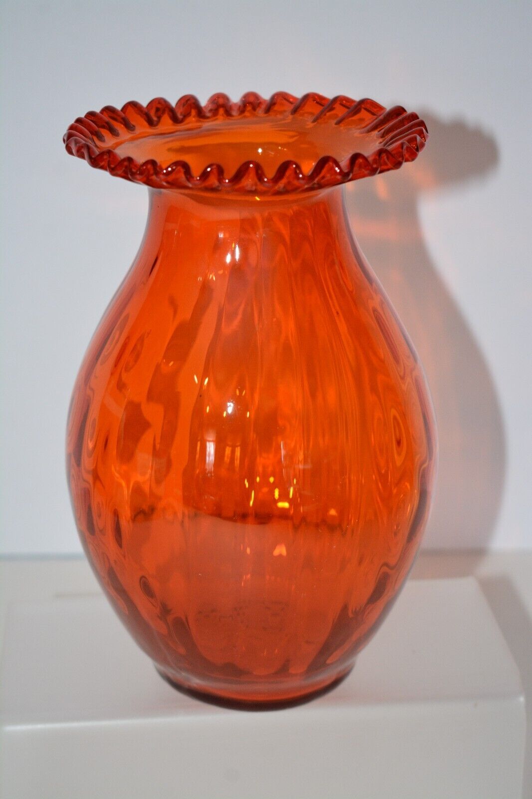 Amberina Orange MCM Vintage Crimped Edge Vase