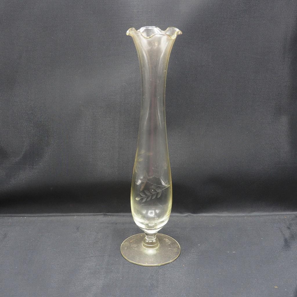 Mid Century Etched Glass Vase Floral Pattern Ruffled Edge Trumpet Mid Century Etched Glass Vase Floral Pattern Ruffled Edge Trumpet