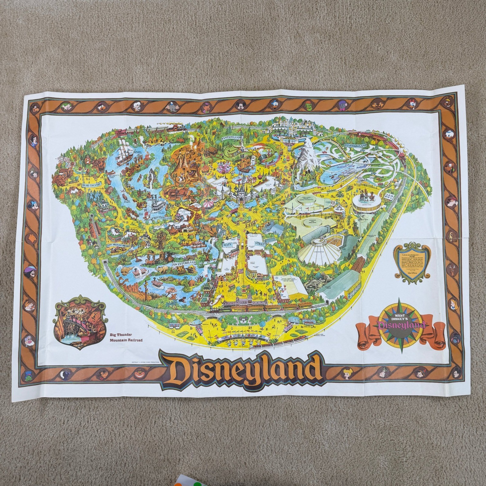 Vintage 1979 Disneyland Souvenir Wall Map Poster Big Thunder Mountain 30x44 RARE