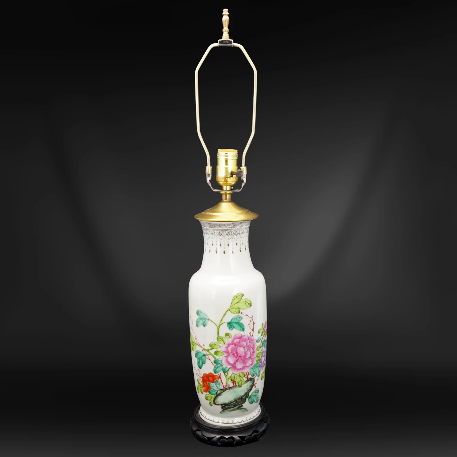 Chinese Polychrome Peony Vase Lamp Republic Period