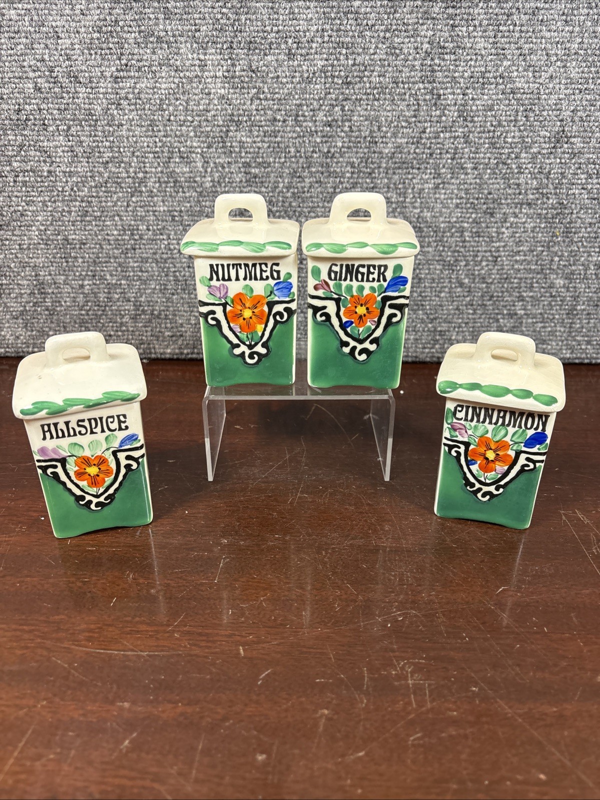 Vtg~TBICO Czechoslovakia Hand Painted Kitchen Spice Green w/Flowers Set
