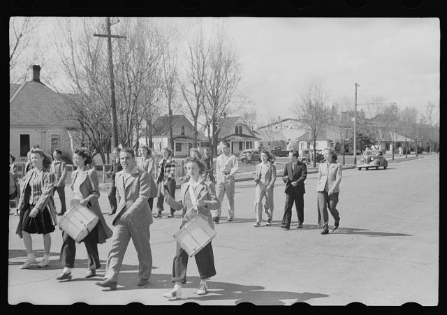 Photo:1930s Street Parade Marching Drummers Youth Group Cars