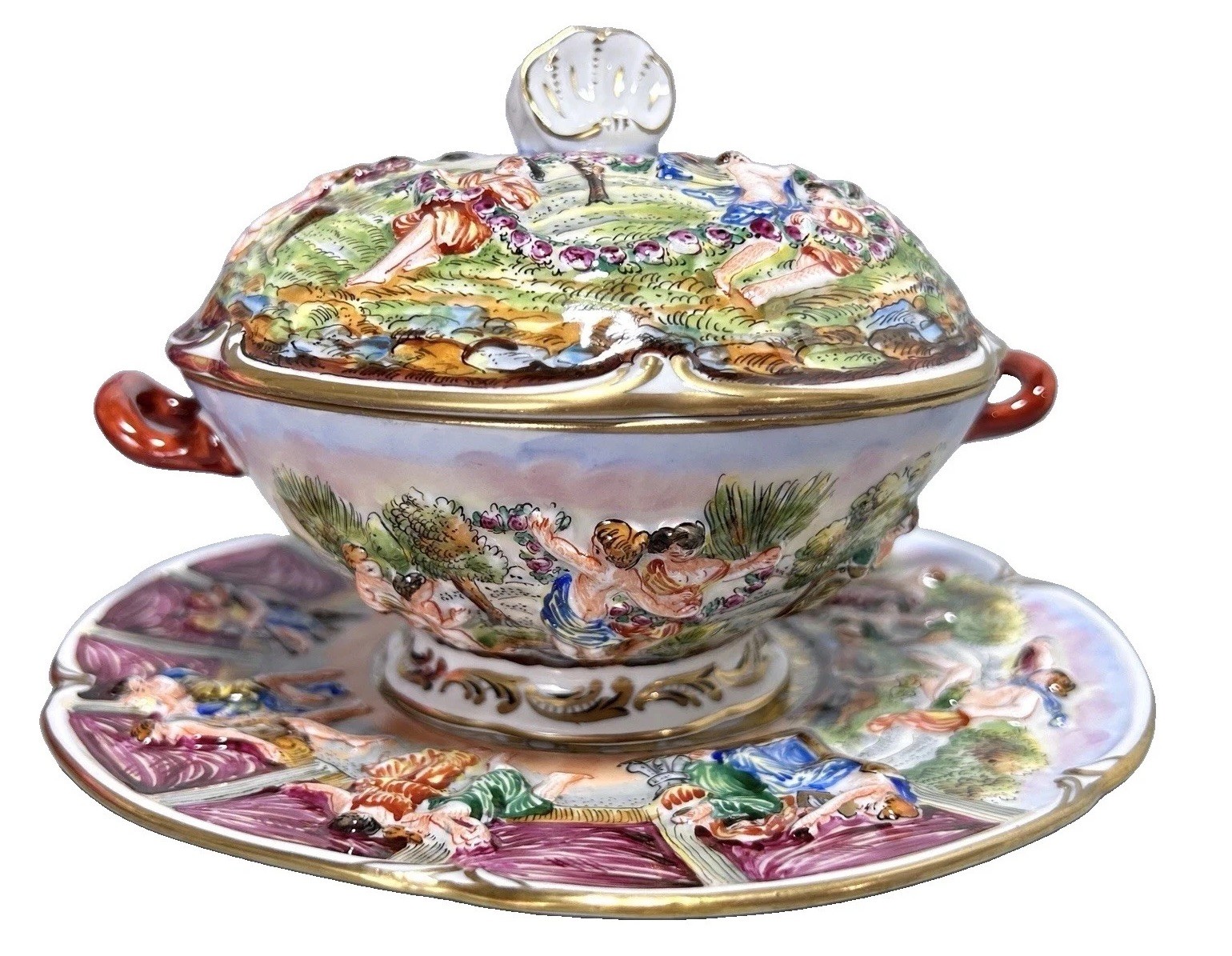 Antique Capodimonte Style Porcelain Lidded Tureen & Underplate Set Relief Gilt