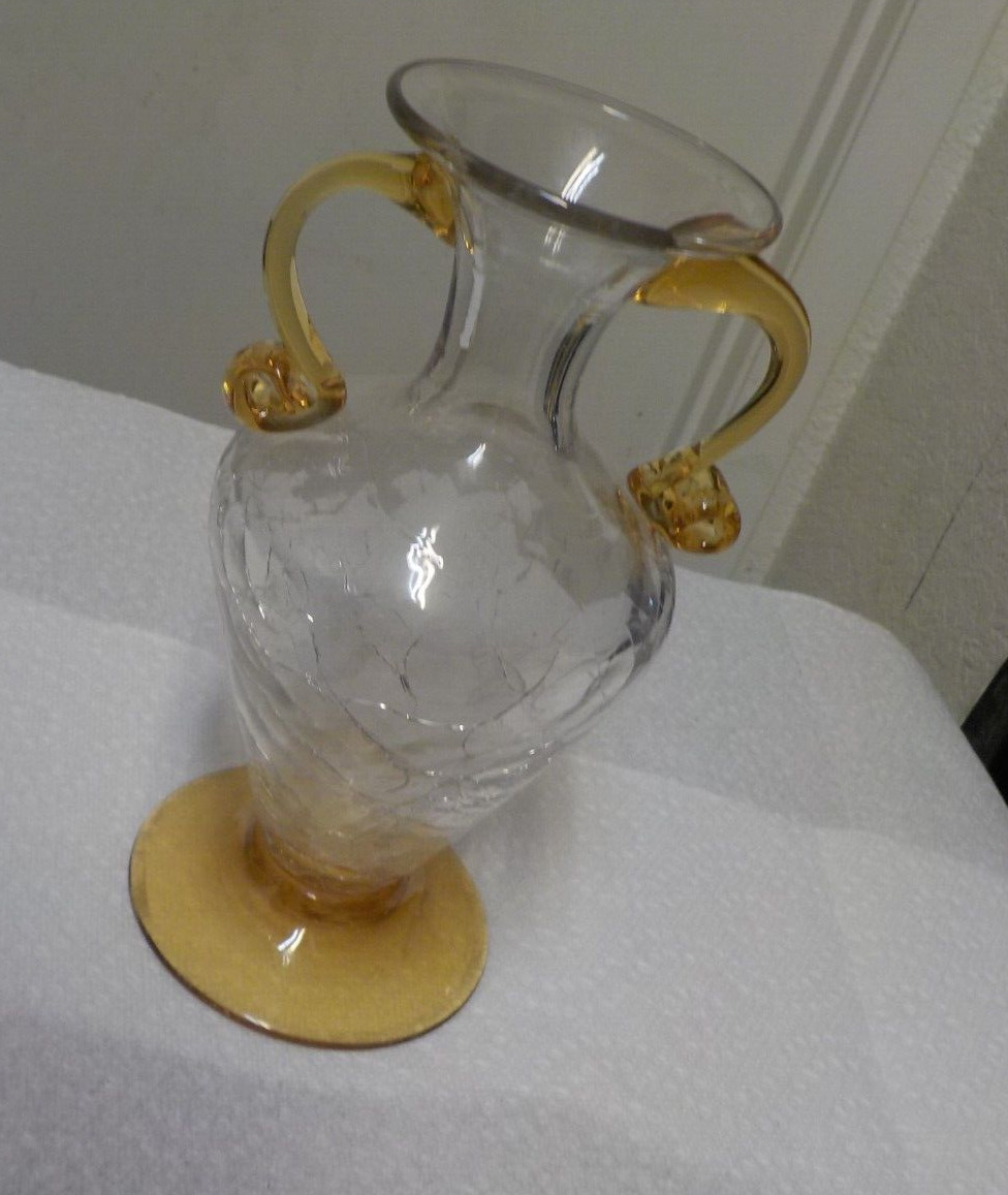 Blenko Crackle Glass Vase WITH DOUBLE RIGAREE HANDLES Mid Century Modern