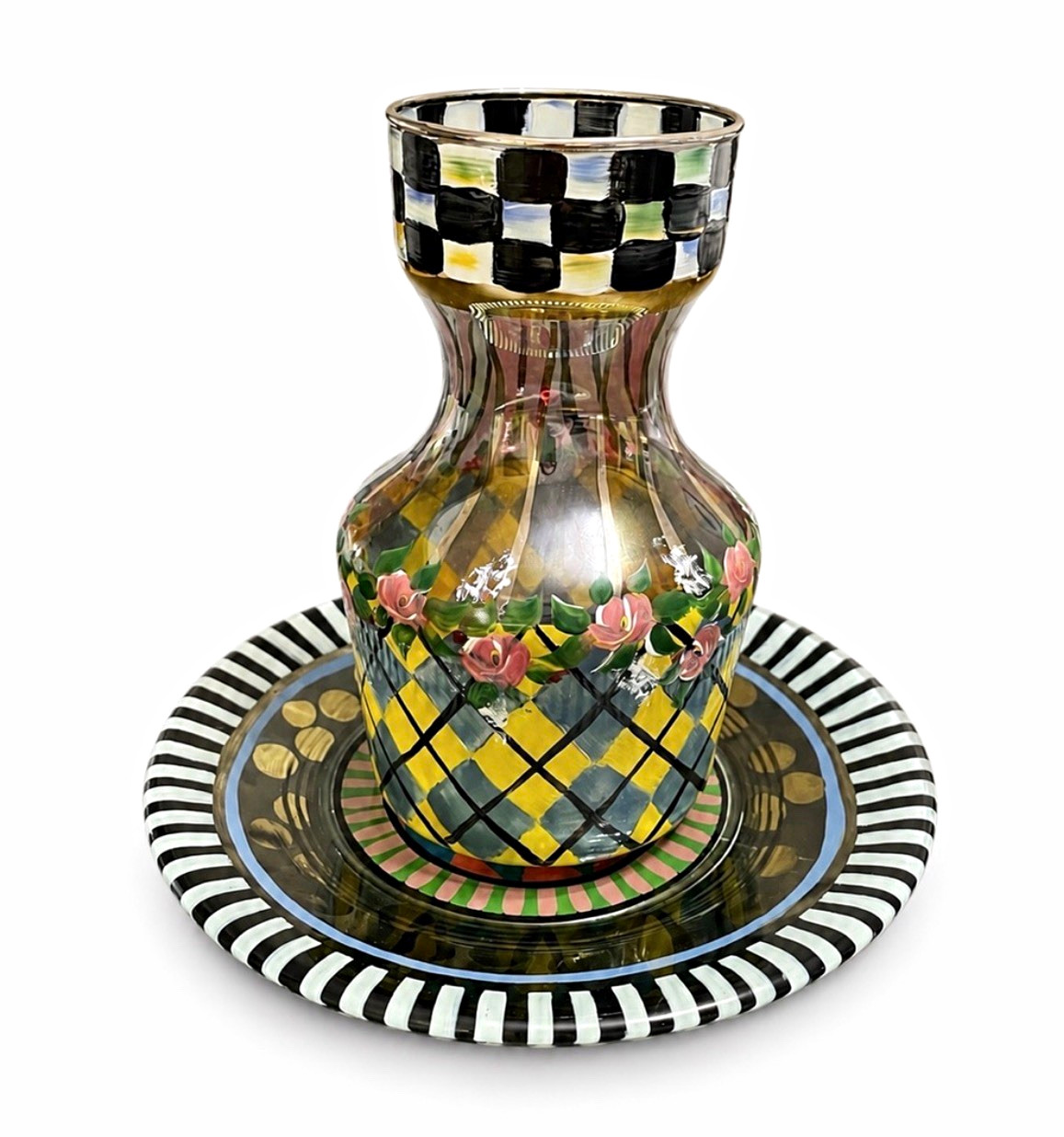 Vintage MacKenzie-Childs Circus Glass Carafe &Underplate Set - Hand Painted Rare