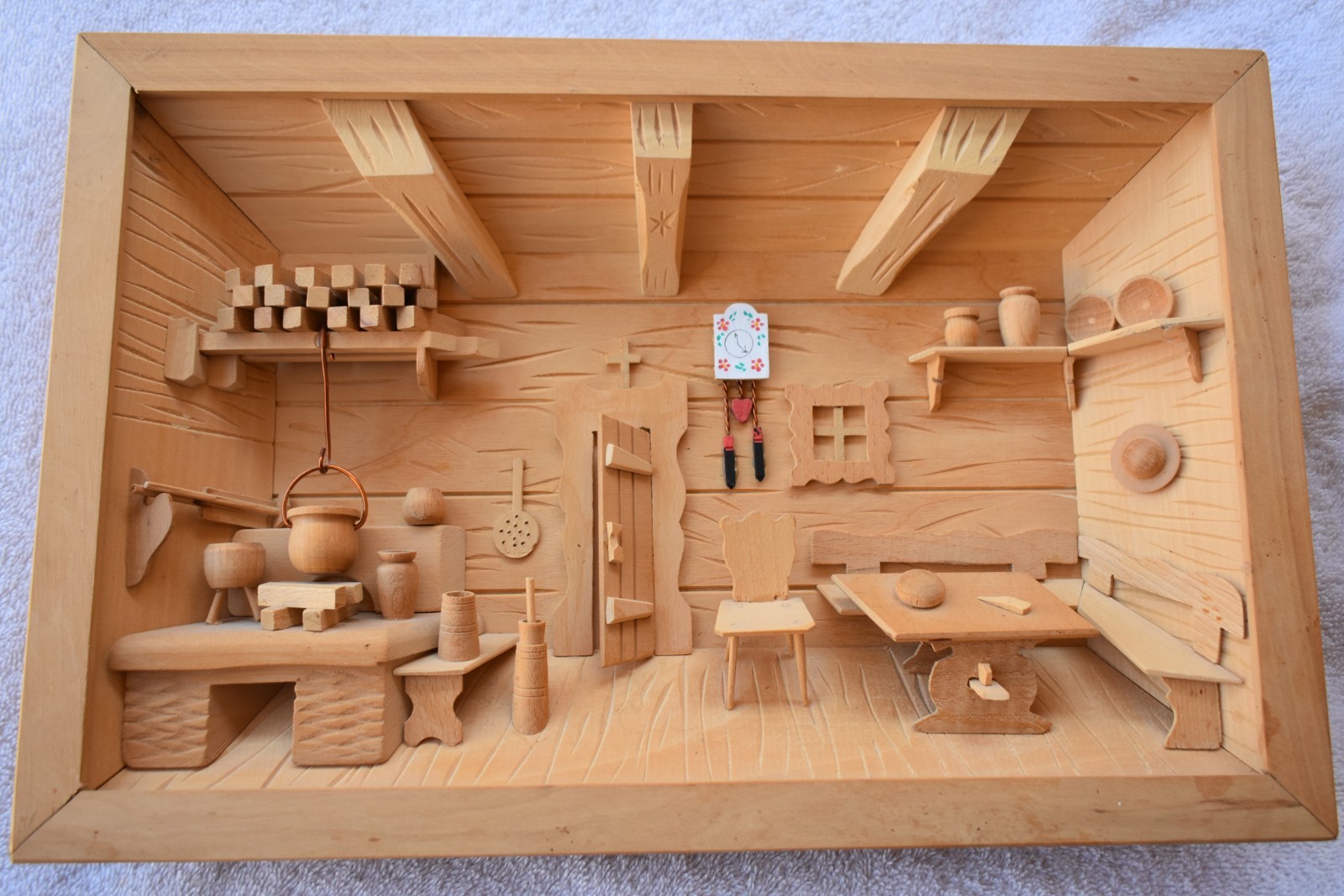 Vintage German/Dutch Wooden Hand Carved Handmade Alpine Cottage 3D Diorama Frame