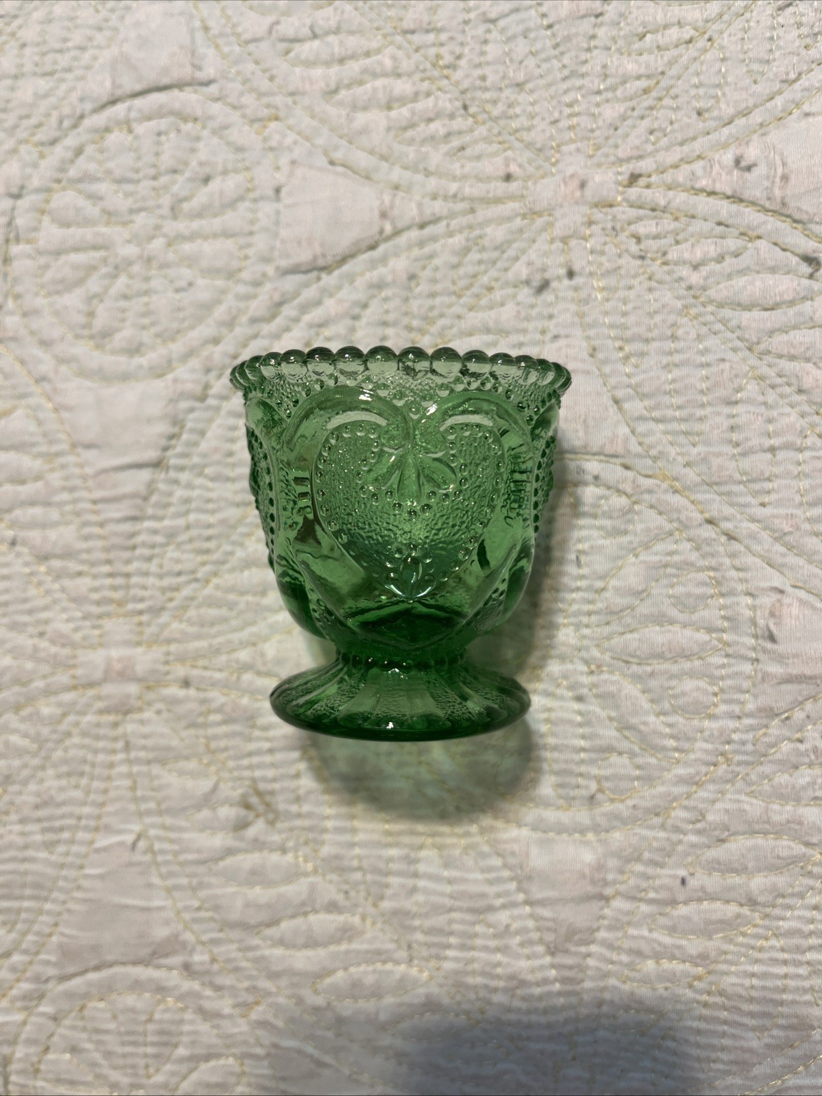 Dugan Glass Co. Green, Jeweled Heart Pattern Toothpick Holder. 