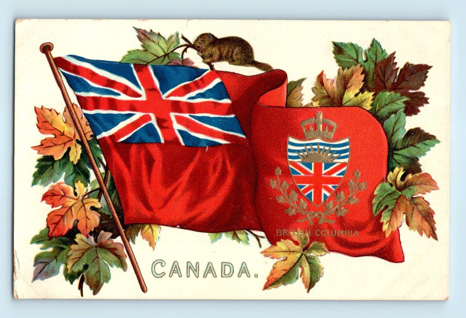 British Columbia BC Canada Red Flag Beaver Leaves Coat of Arms B. C. Postcard B6