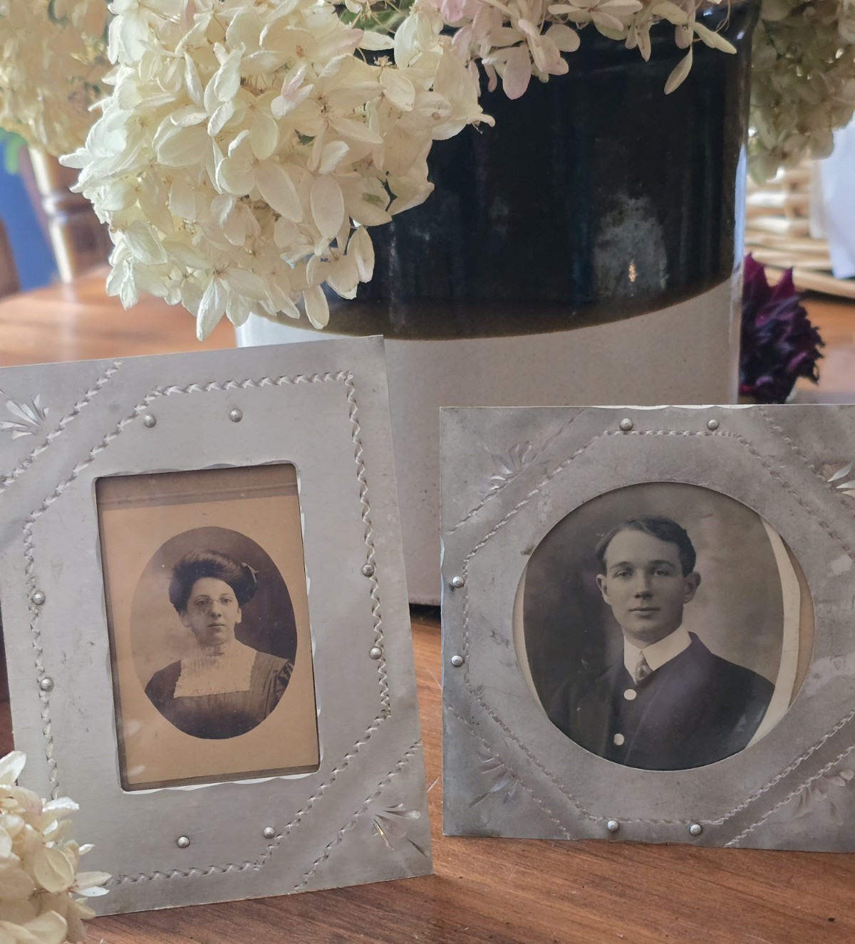 Antique 1910 Edwardian Hand-Punched Tin Picture Frames Matched Pair w/ RPPC &...