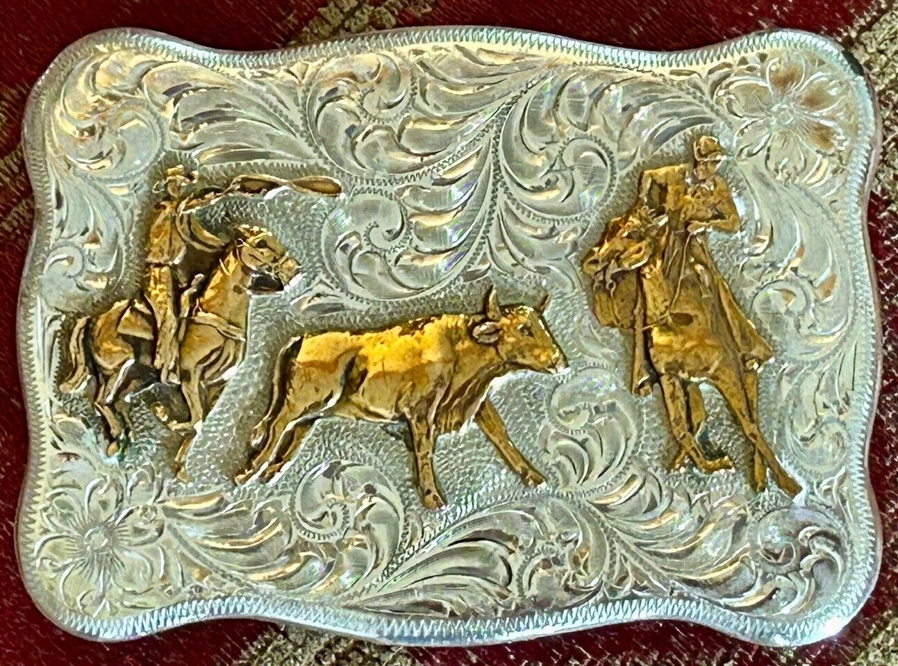 Vintage Diablo Sterling Silver Calf Ropers Western Rodeo Belt Buckle Hand Tooled