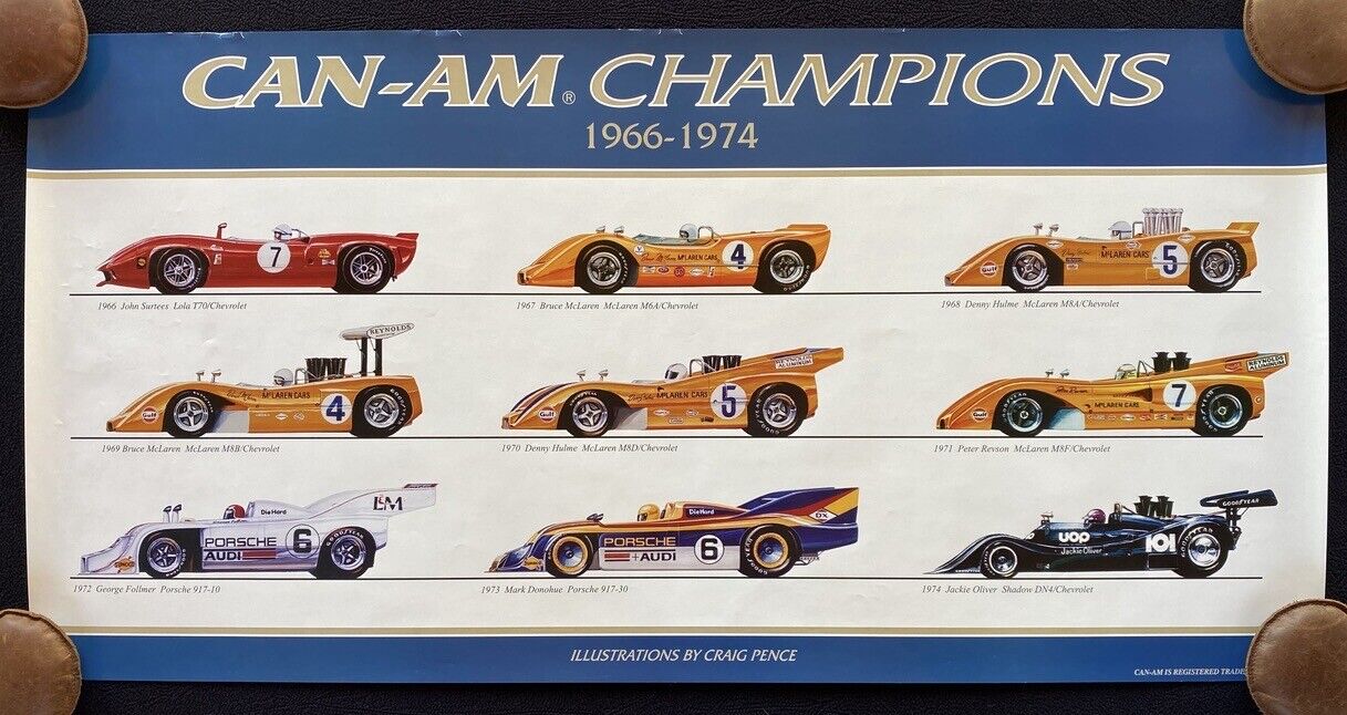 1966-1974 Can-Am Champions Poster McLaren Lola Porsche 917 Shadow DN4 PENCE