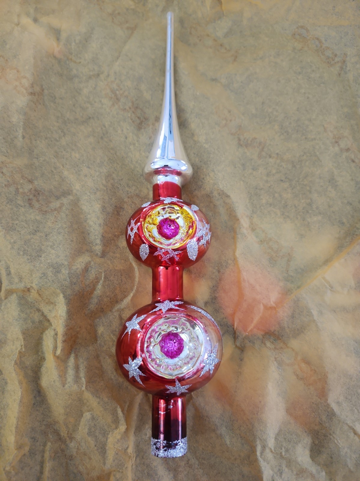 Vintage Double Indent Mercury Glass Christmas Tree Topper Pink Glitter 13”