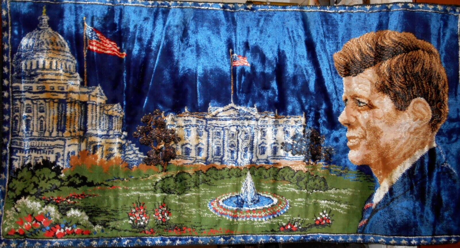 VTG 1965 JFK Washington Capital Tapestry Rug  John F. Kennedy 38” X 19.5” Italy