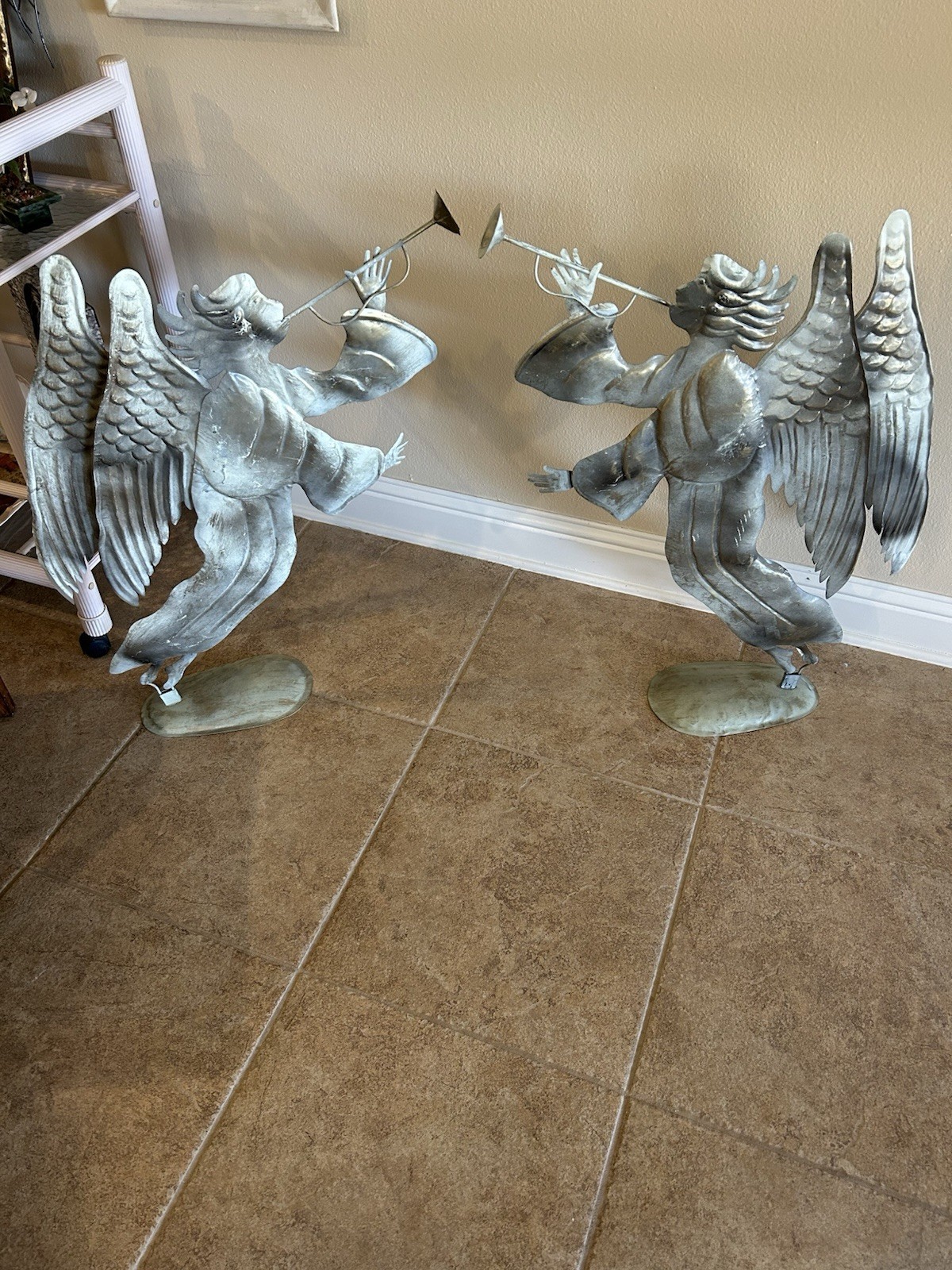 Vtg Pair Of  Tin Metal Angels Indoor Outdoor Standing Or Hanging 23x33” RARE