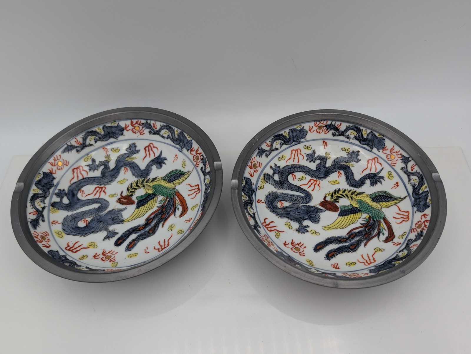 Pair Chinese Dragon Phoenix Porcelain Dishes Pewter Rim Hong Kong 6\