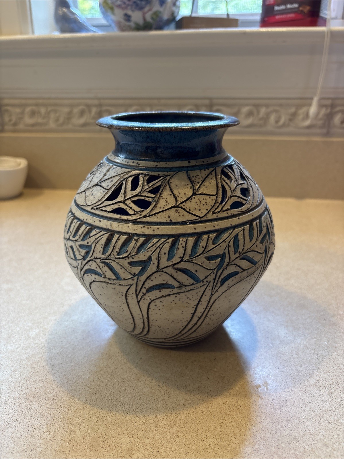 Susan Brown Freeman Art Pottery, Blue/Tan Speckled Glaze Bowl with Cutouts