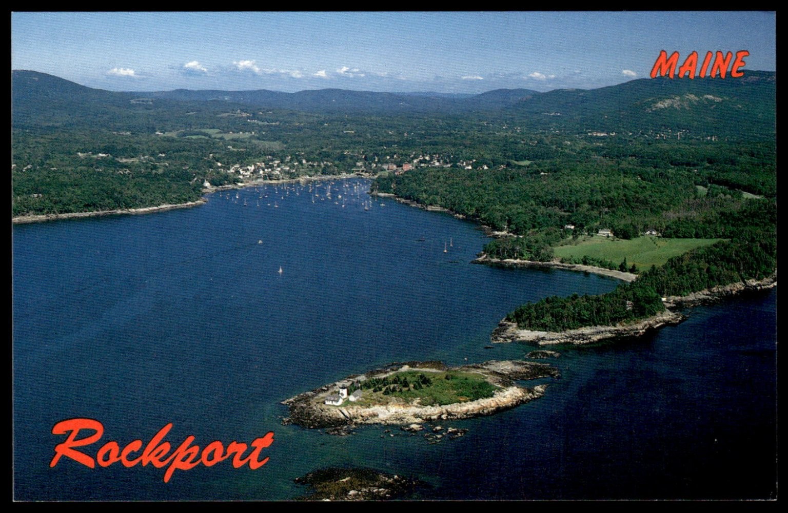 Rockport Maine Aerial View Postcard Indian Island Light Penobscot Bay ME-109