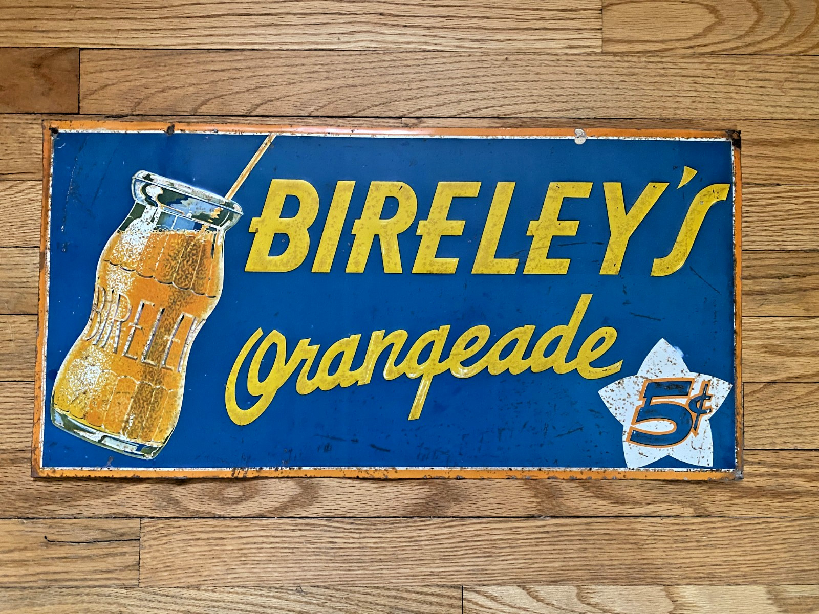 VERY EARLY BIRELEY\'S 5 CENTS TIN SODA SIGN - MEASURES 24\