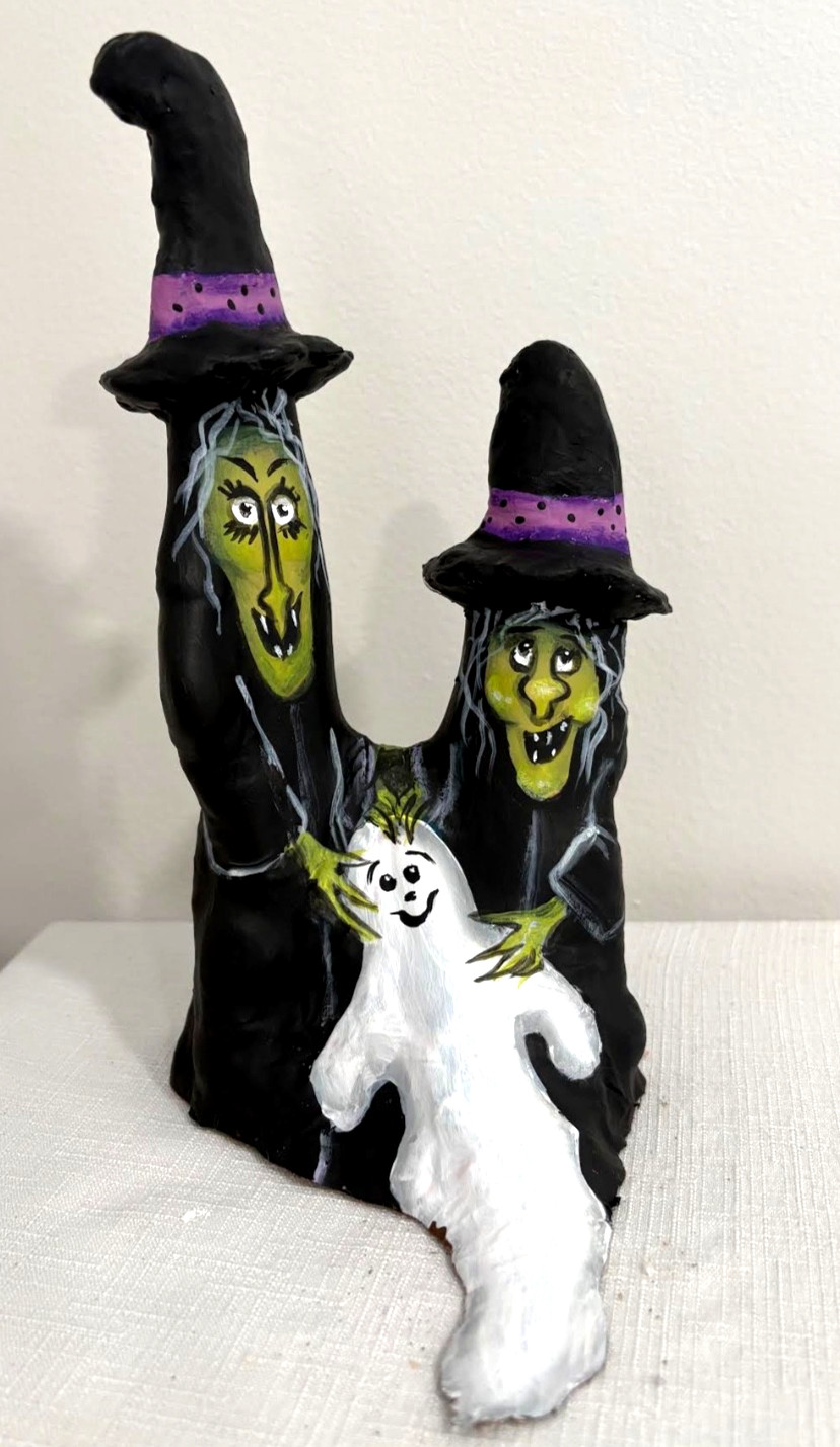 Halloween Witch Ghost Hand Painted original Cypress Knee.  Ann Hedberg Art