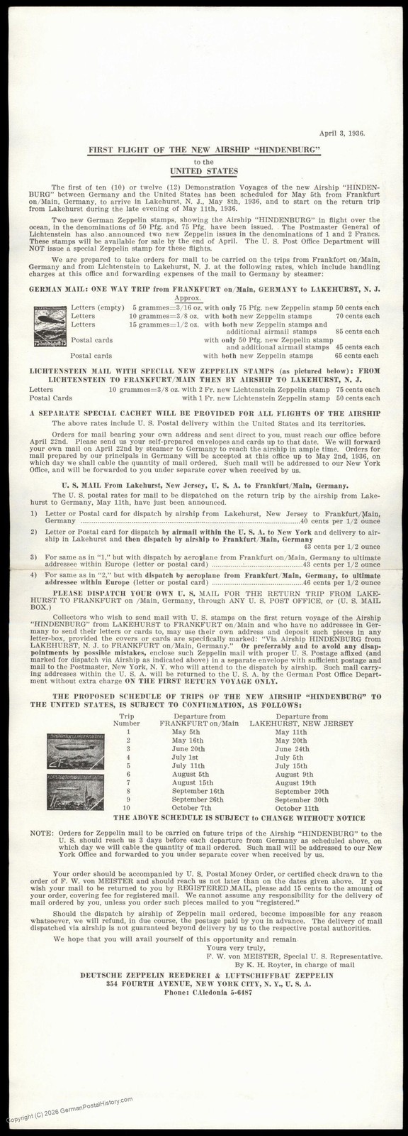 Germany 1936 Hindenburg Schedule USA North America Liechtenstein Timetable 85995