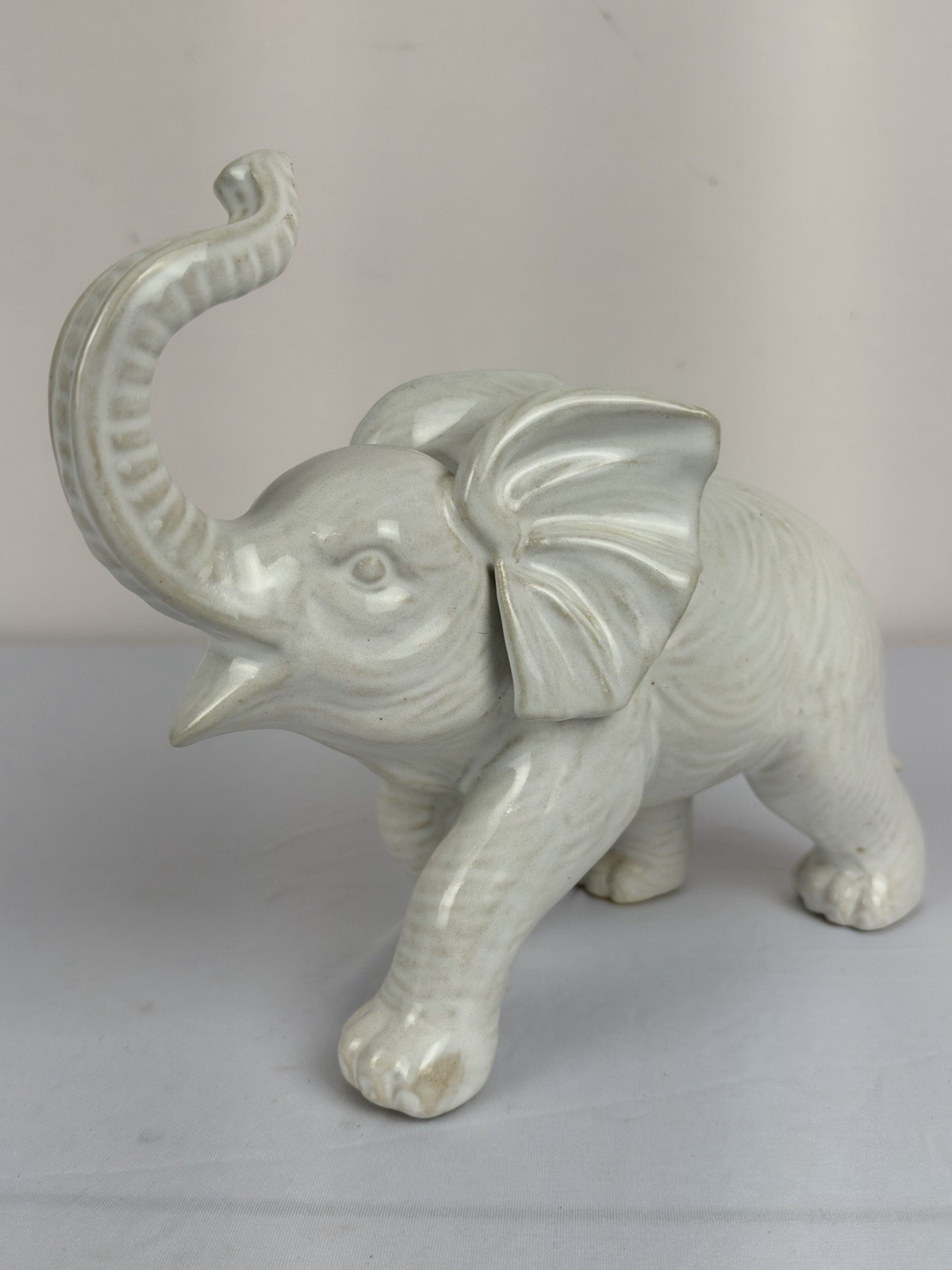 Vintage White Glazed Ceramic Elephant Figurine Trunk Up Large Ears