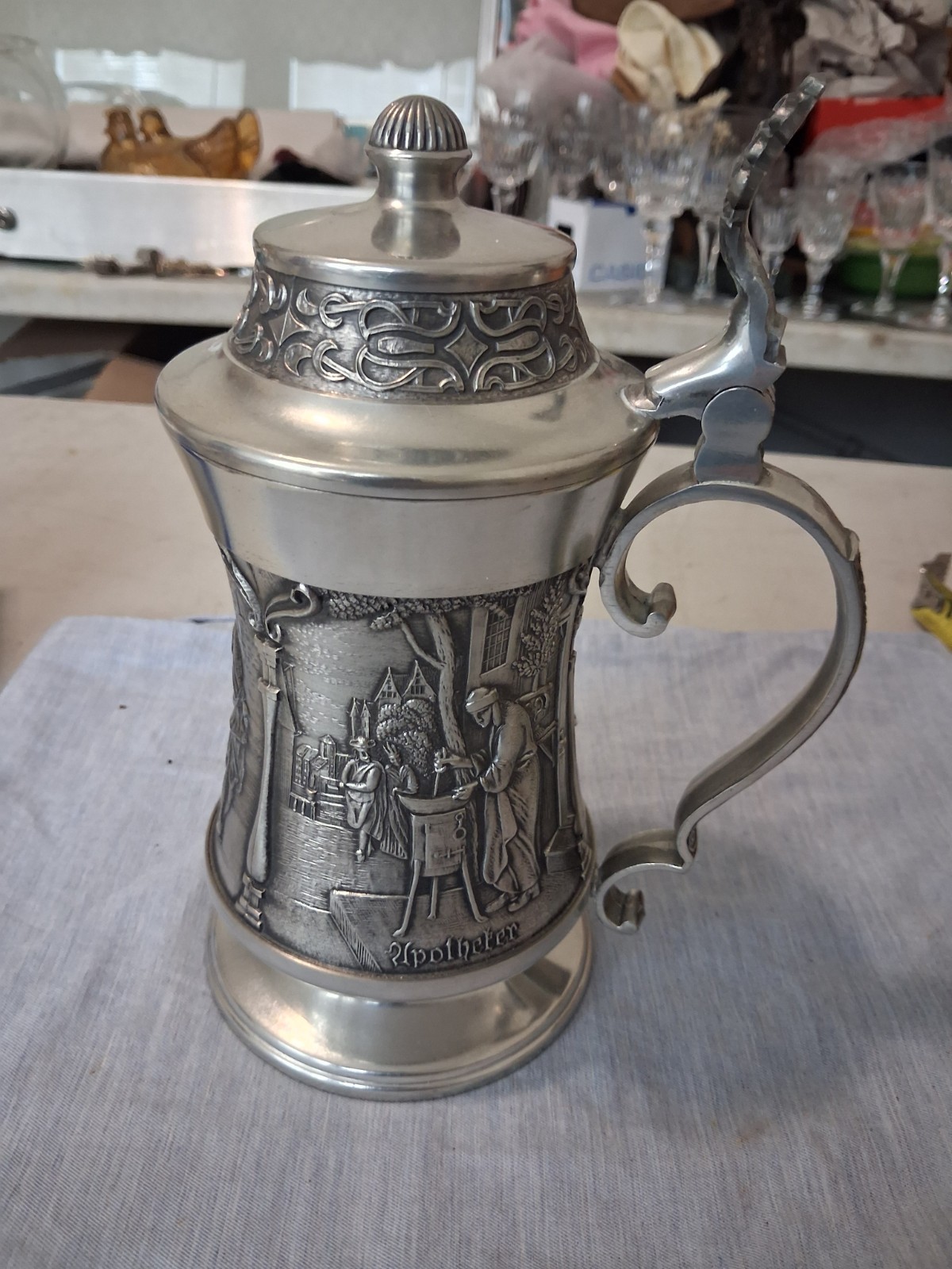 Fabulous VINTAGE GERMAN GRENNINGLOH PEWTER LIDDED STEIN 3 SCENES 95% ZINN