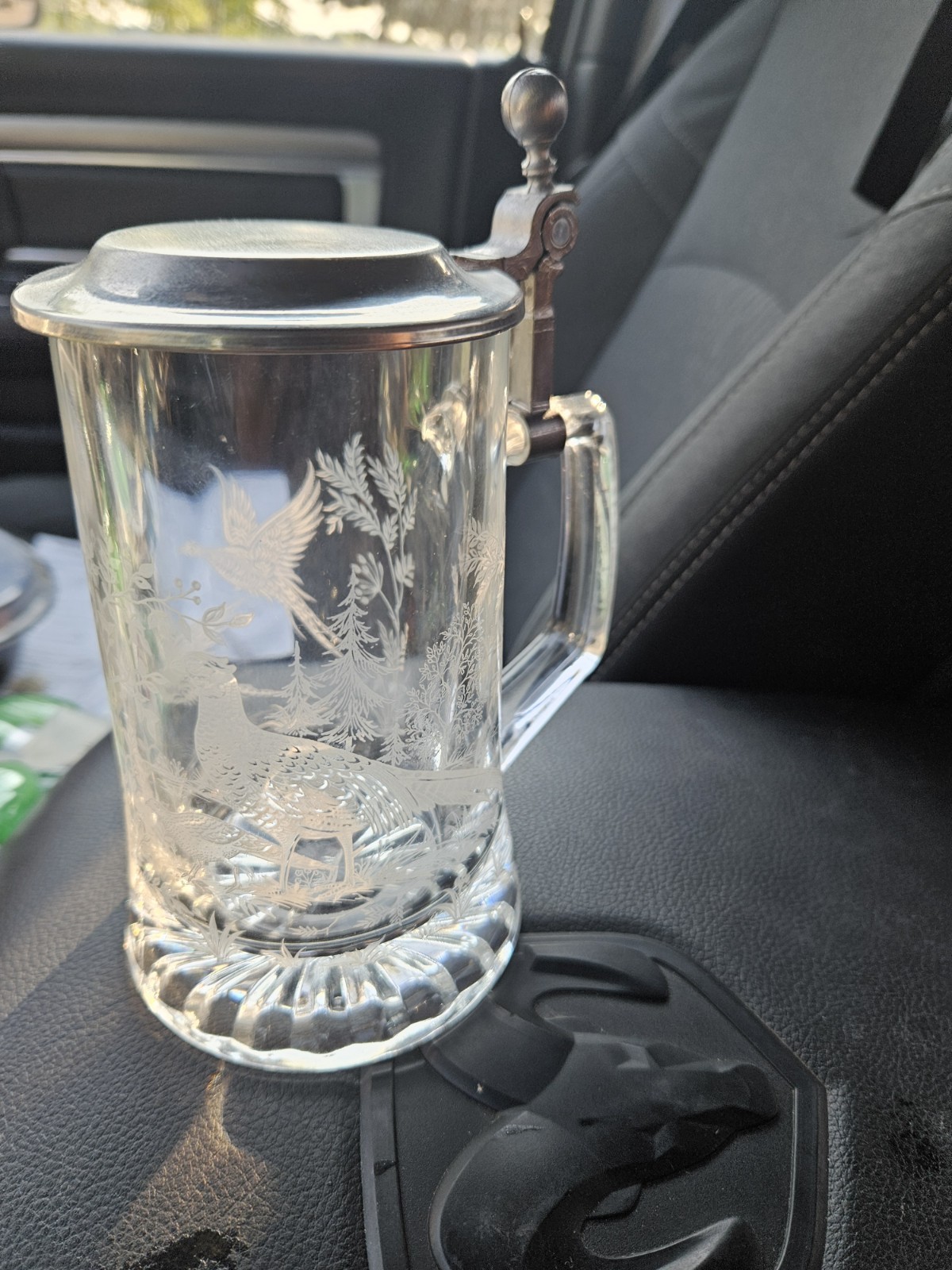 Vintage Alwe Glass Beer Stein Made In Germany Etched Ducks Pheasants Pewter Lid