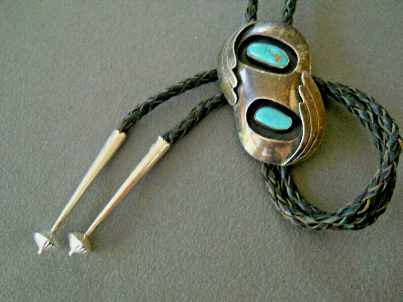 OLD Native America Navajo Blue Turquoise Sterling Silver Shadowbox Bolo Tie C-31