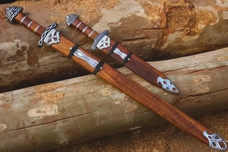 Handmade Viking Damascus Steel Sword Set | Large & Small Pair with Scabbard