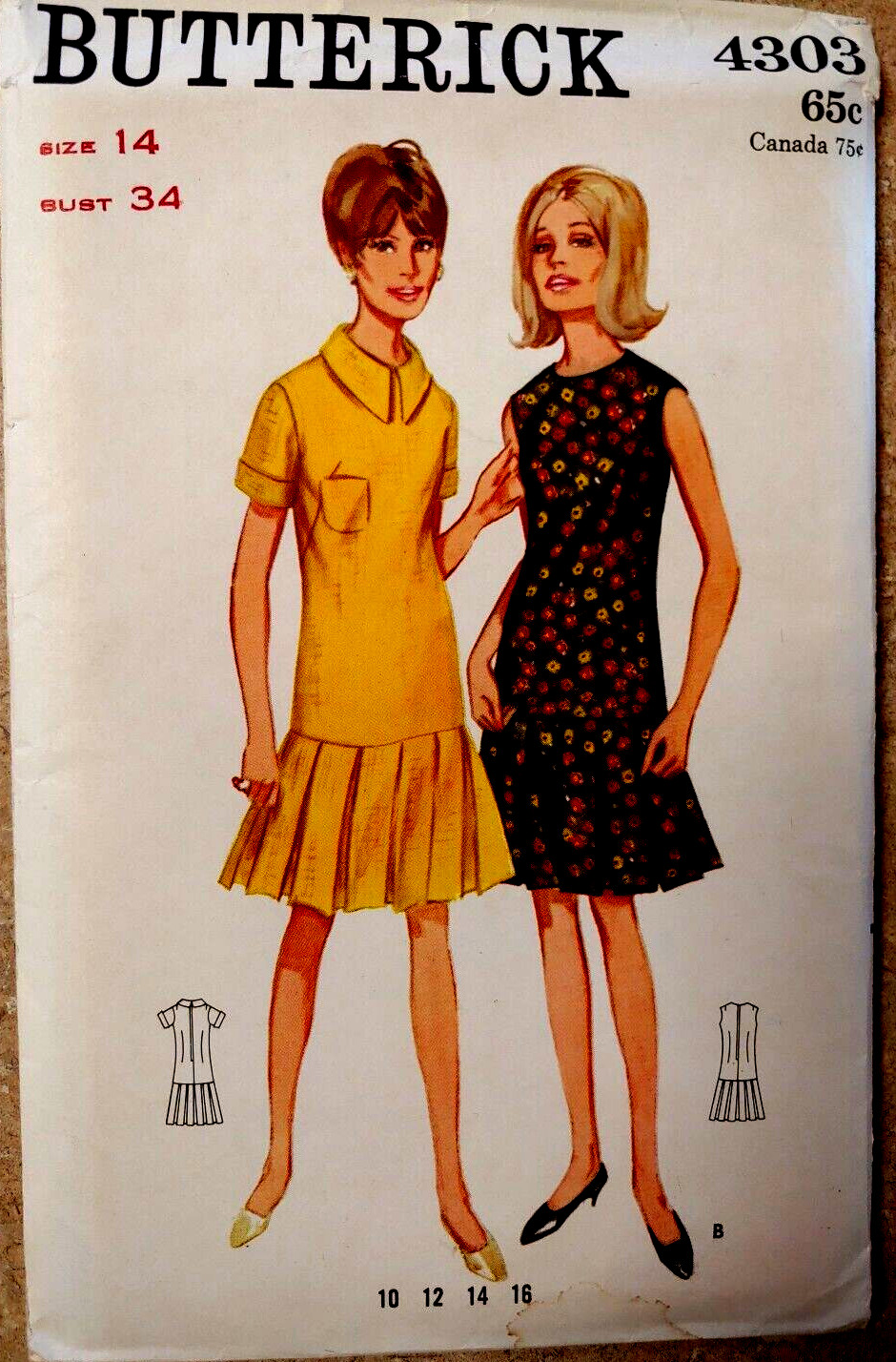 Vtg 1970\'s Butterick #4303 One-Piece Dress Semi-Fitted Pleated Sz 14 Bust 34