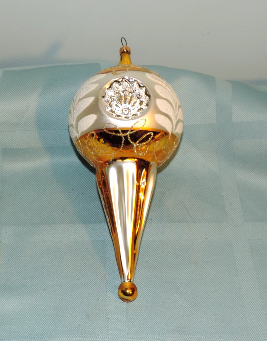 Vtg West German Jumbo Triple Indent Finial Glass Christmas Ornament 9”