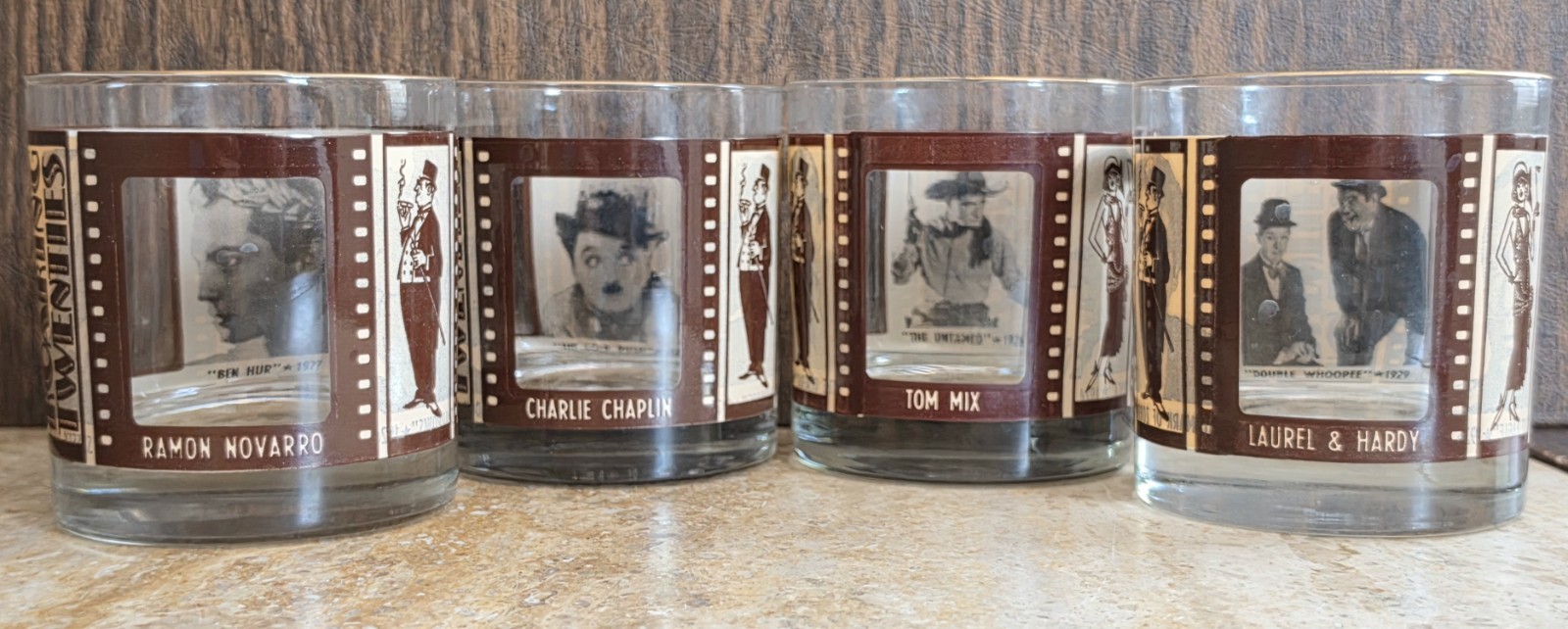 Four Vintage Roaring Twenties Movie Stars Gold Rim Lowball Drinking Glasses